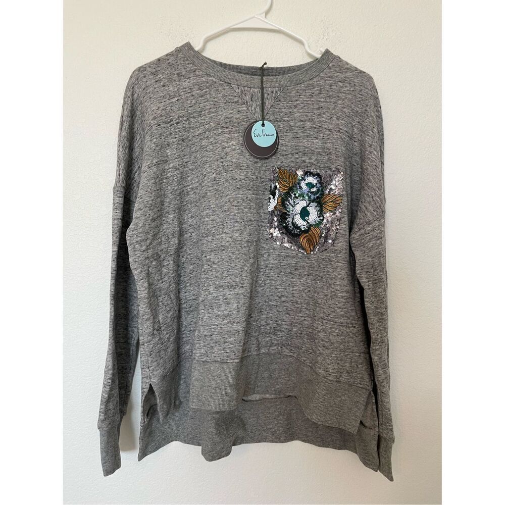 NWT Eva Franco Pocket Sequin Sweatshirt Hi Lo Front and Back
